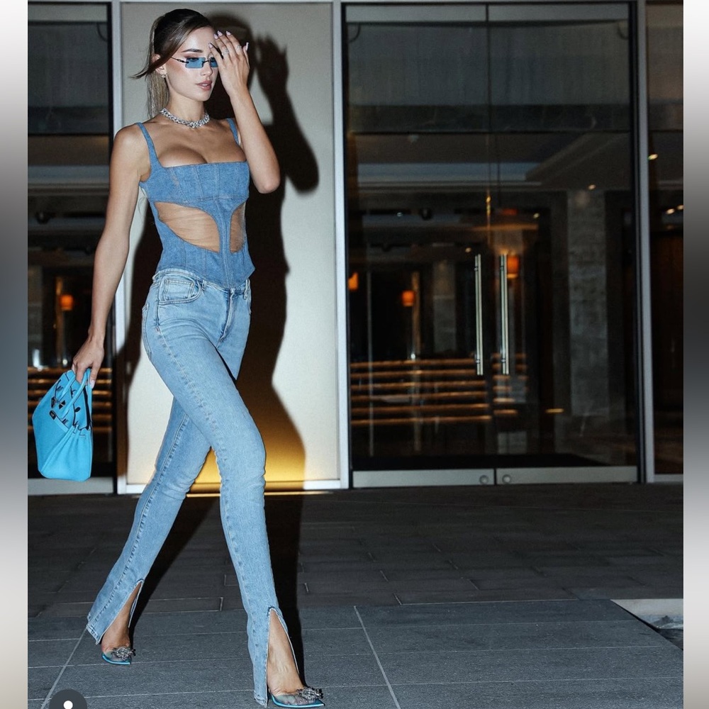 Amina Muaddi Blue Denim Crystal-Embellished Pumps